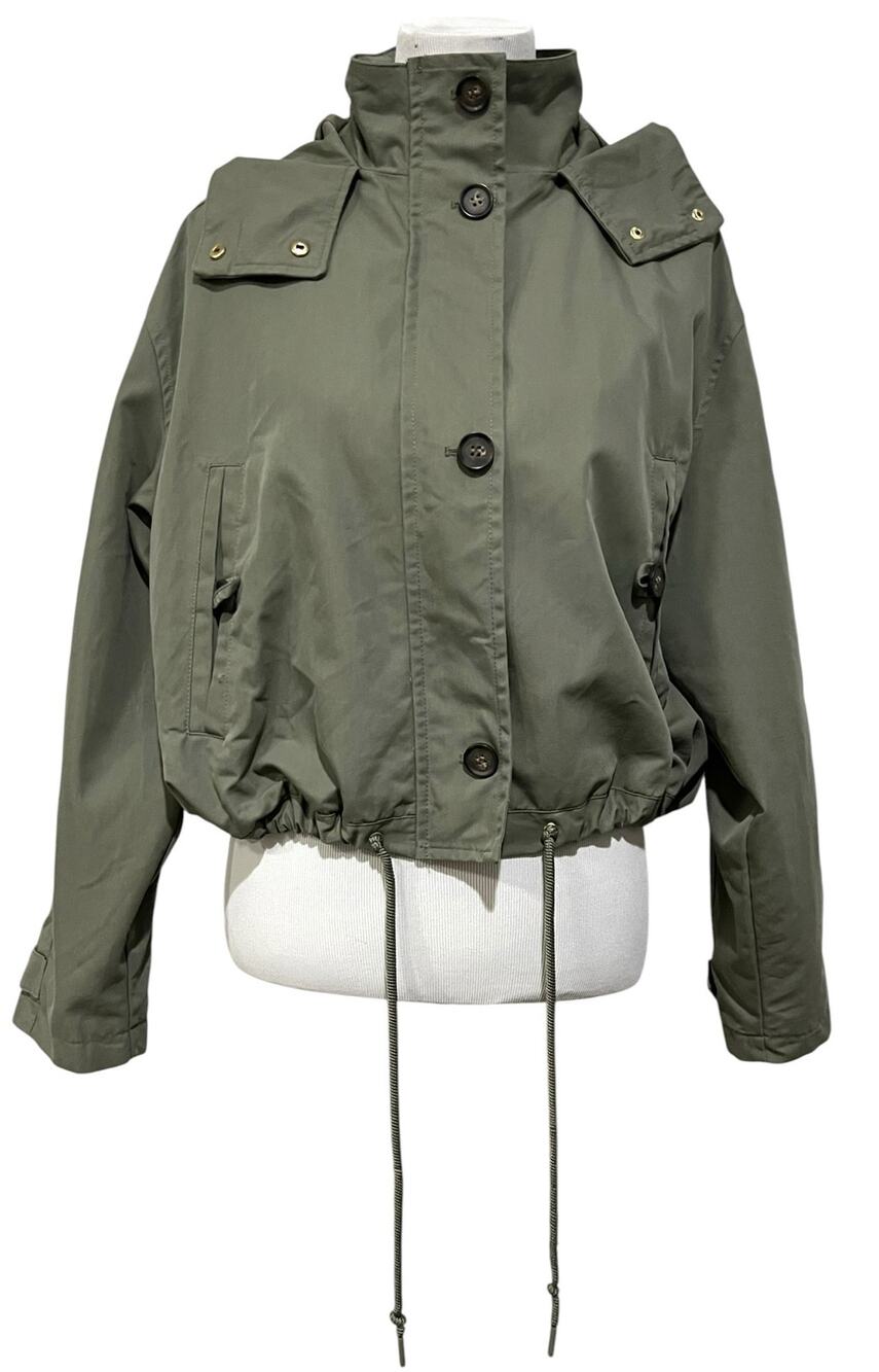 Womens Cropped Utility Jacket Sz M Cargo Coat Hood Pockets Green Adjustable H&M - Picture 1 of 9